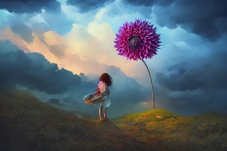 Image similar to face covered giant dahlia flower, girl on mountain, surreal photography, blue storm clouds, dramatic light, impressionist painting, digital painting, artstation, simon stalenhag