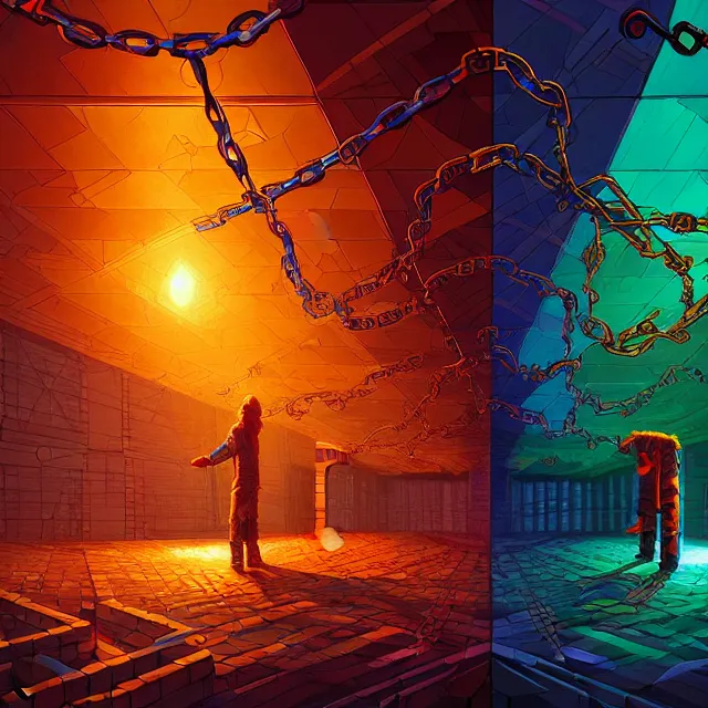 Image similar to glowing blocks tied together with chains, centered, symmetry, painted, intricate, volumetric lighting, beautiful, rich deep colors masterpiece, sharp focus, ultra detailed, in the style of dan mumford and marc simonetti