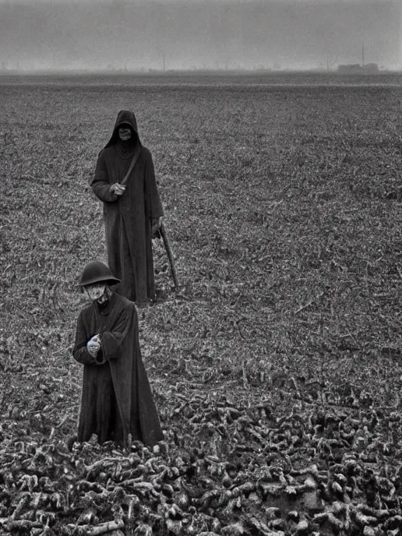 Prompt: portrait of faceless grim reaper standing in field of bones, ww1 photo, grainy, high detail, high resolution,