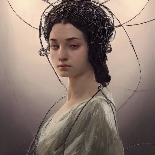 Prompt: portrait of a humanoid robot wearing a veil inspired by raised by wolves ( 2 0 2 0 ), mystic, mystical, robot body, wires, robotic, intricate, headshot, highly detailed, digital painting, artstation, concept art, sharp focus, cinematic lighting, digital painting, art by artgerm and greg rutkowski, alphonse mucha, cgsociety