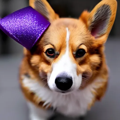 Image similar to a corgi wearing a purple party hat and a red bowtie