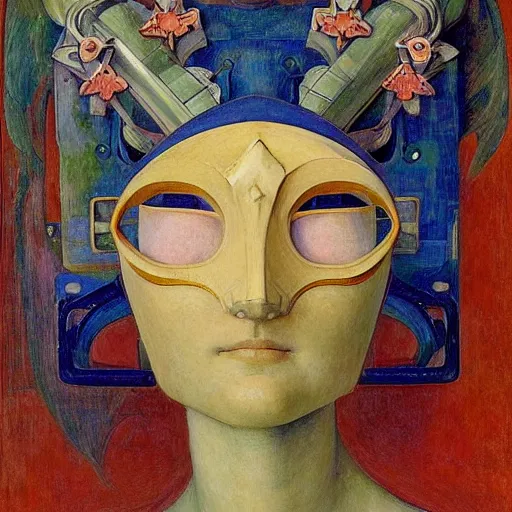 Image similar to the mechanical robot in her floral mask, by annie swynnerton and diego rivera and nicholas roerich and jean delville, symbolist, dramatic lighting, elaborate geometric ornament, art brut, soft cool colors, smooth, sharp focus, extremely detailed, adolf wolfli and donato giancola