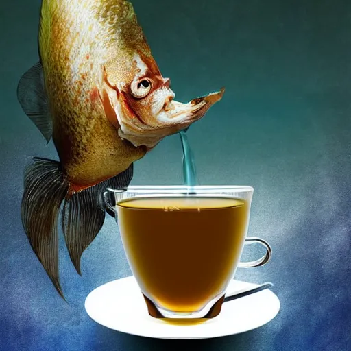 Prompt: photomanipulation of a supernatural fish drinking a cup of tea by a straw.