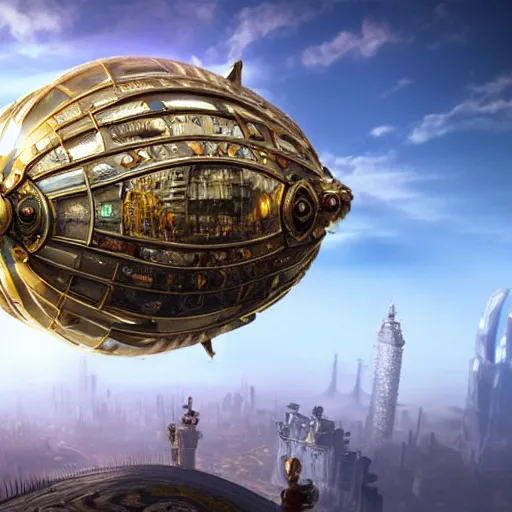 Image similar to enormous flying city in a faberge egg, sky, steampunk, fantasy art, masterpiece, unreal engine