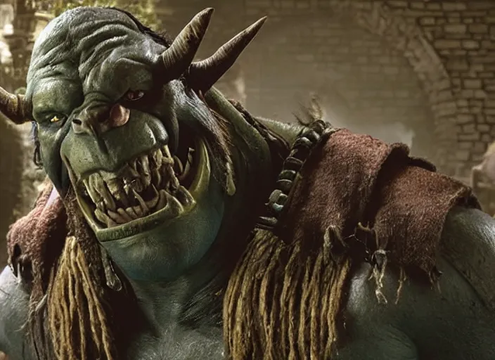 Image similar to a film still of a warcraft orc in harry potter