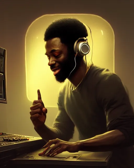 Image similar to light skin black man with headphones at his home studio producing music late at night, very detailed, 4 k, concept art like ernest khalimov, intricate details, highly detailed by greg rutkowski, ilya kuvshinov, gaston bussiere, craig mullins, simon bisley