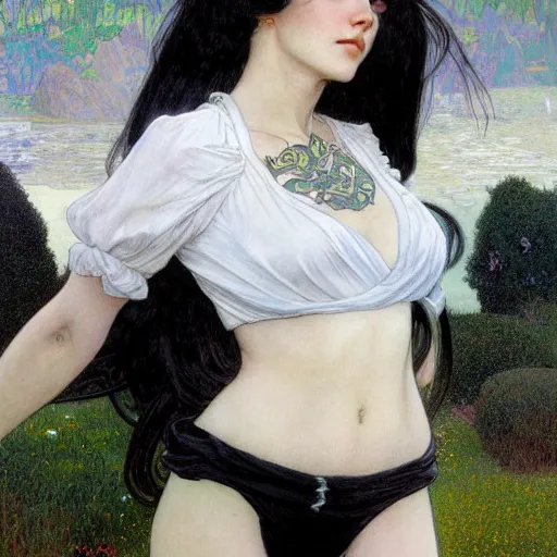 Prompt: A young woman with black and white colored long hair and bangs in shorts and white shirt drawn by Donato Giancola Adam Hughes and Jon Foster, frank frazetta, alphonse mucha, background by James Jean and gustav klimt, 4k, volumetric lighting, french nouveau, trending on artstation, octane render, hyperrealistic