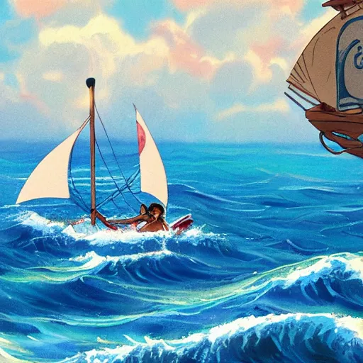 Prompt: a painting of Moana sailing by Studio Ghibli