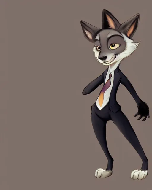 Image similar to digital painting full body of anthromorphic furry female wolf, in style of zootopia, female fursona, furry, furaffinity, 4 k, artstation furry, deviantart, furry art, fursona art, wearing black business suit, wearing black business suit, wolf fursona, female, very expressive detailed feminine face,