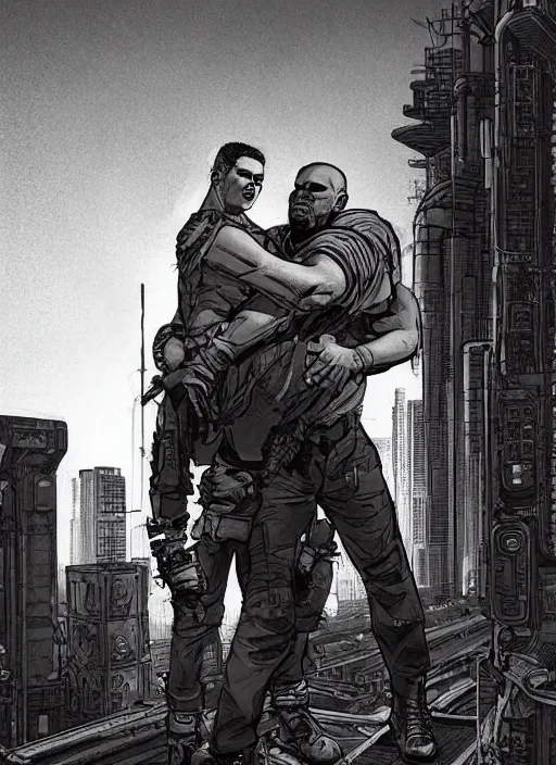 Image similar to Dumb Bubba. Buff cyberpunk meathead in a headlock. Realistic Proportions. Concept art by James Gurney and Laurie Greasley. Moody Industrial skyline. ArtstationHQ. Creative character design for cyberpunk 2077.