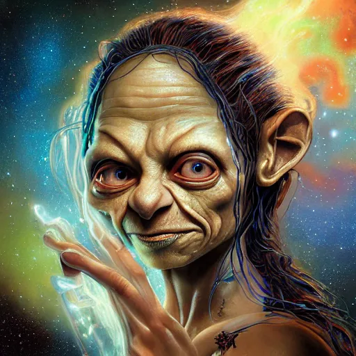 Image similar to beautiful oil painting with high detail of a Gollum with long curly hair made of stars and nebulas, holding a futuristic electric guitar and art direction by James Cameron; by artgerm; wayne reynolds art station; cinematic quality character render; low angle; ultra high quality model; production quality cinema model; Fleshless