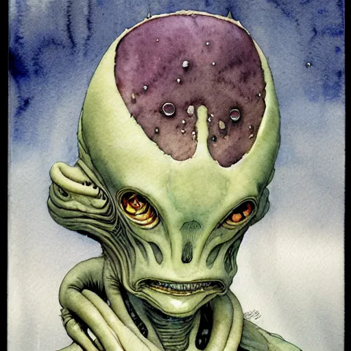 Image similar to a simple and atmospheric watercolour portrait of a pulp sci - fi alien demon, very muted colors, by rebecca guay, michael kaluta, charles vess and jean moebius giraud