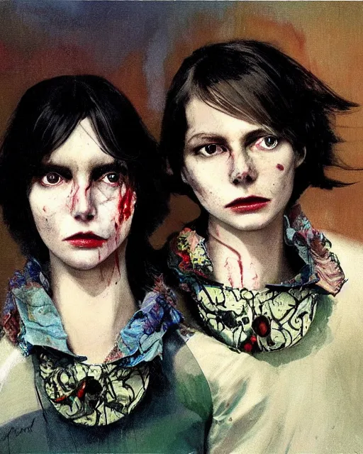 Image similar to two beautiful but creepy siblings wearing vivienne westwood collars in layers of fear, with haunted eyes and dark hair, 1 9 7 0 s, seventies, wallpaper, a little blood, morning light showing injuries, delicate embellishments, painterly, offset printing technique, by brom, robert henri, walter popp