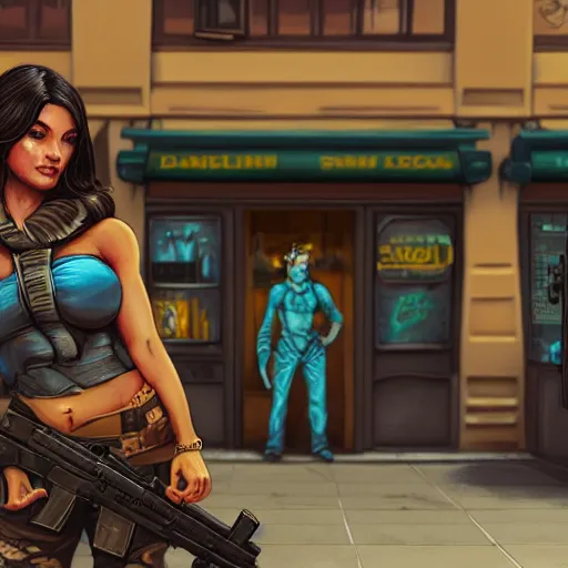 Prompt: a woman with large chest and a big gun, painted in comisc style in front of the shop marked with sign Daniel Vavra highly detailed, intricate, concept art, game art, octane render, 8k, unreal engine