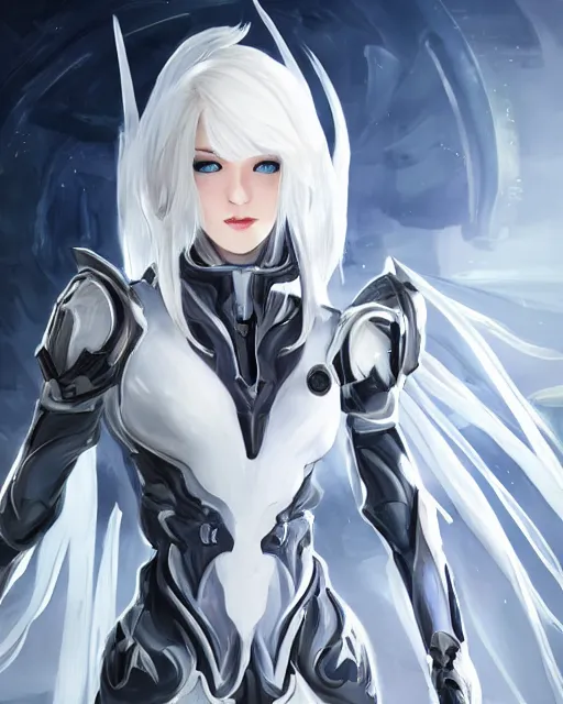 Image similar to perfect white haired girl, warframe armor, beautiful, dreamy, pretty face, blue eyes, portrait, detailed, bright light, scifi, amazing, utopian architecture in the background, laboratory, 4 k, ultra realistic, aura of light, cinematic, high detail, masterpiece, art by akihito tsukushi, akasuki brightmind