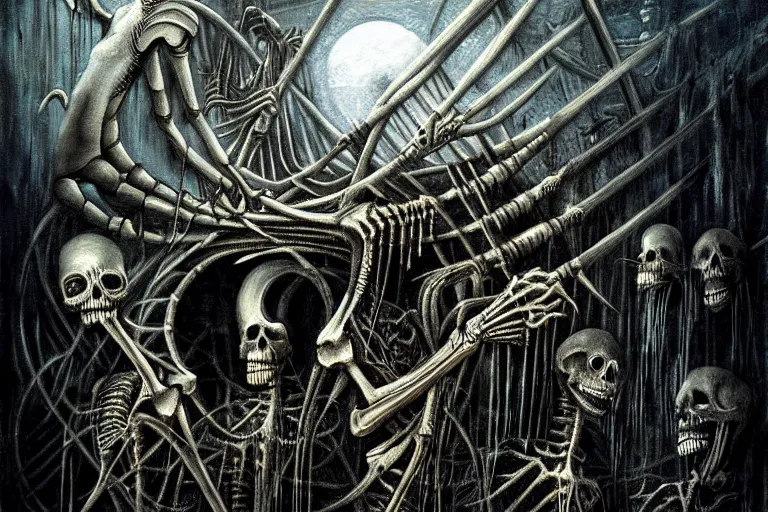 Image similar to highly detailed fine painting Macabre Dancing skeletons eerie moonlit under water under water scene fantasy digital art by H.R. Giger deviantart