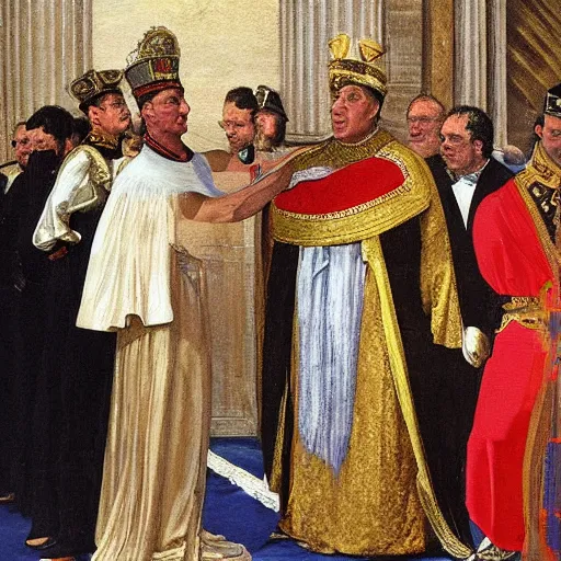 Prompt: silvio berlusconi being crowned as king of italy, neoclassicist painting style