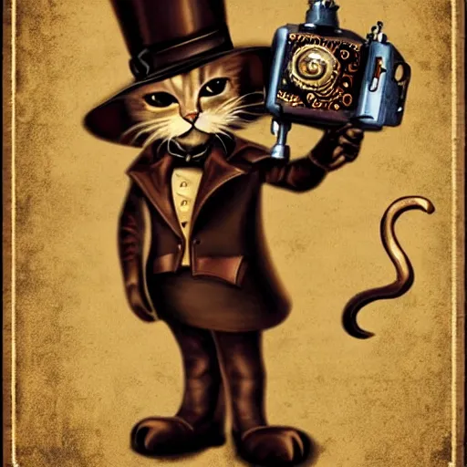 Image similar to steampunk cat, retro, movie poster