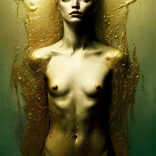 Image similar to Medusa by cy Twombly and BASTIEN LECOUFFE DEHARME, gold and emerald, iridescent, volumetric lighting