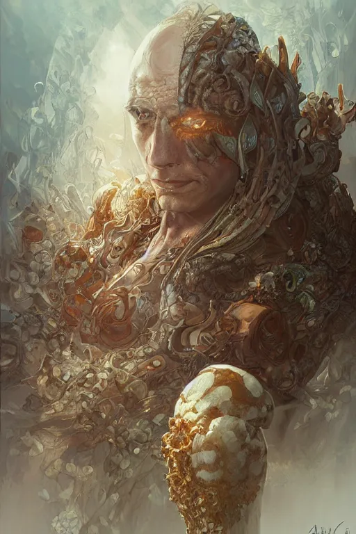 Image similar to Ultra realistic illustration portrait, a mutated mushroom human king, fantasy, intricate, elegant, highly detailed, digital painting, artstation, concept art, smooth, sharp focus, illustration, art by artgerm and greg rutkowski and alphonse mucha