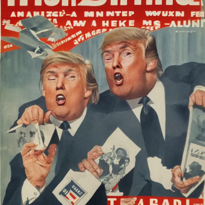 Image similar to bearded donald trump winning 2 0 2 4 presidential election in 1 9 4 0's style propaganda