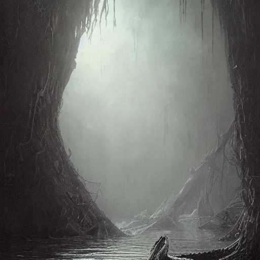 Prompt: a crocodile swimming in a swamp horror gustave dore greg rutkowski sinister by greg rutkowski, grey mist