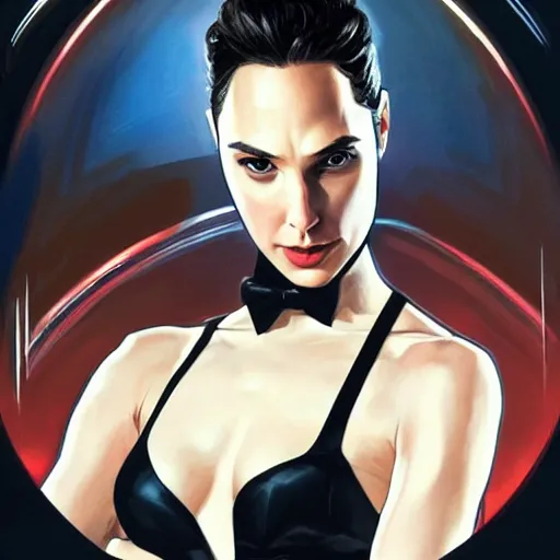 Image similar to gal gadot as james bond wearing a tuxedo, portrait, highly detailed, digital painting, artstation, concept art, sharp focus, illustration, art by artgerm and greg rutkowski and alphonse mucha