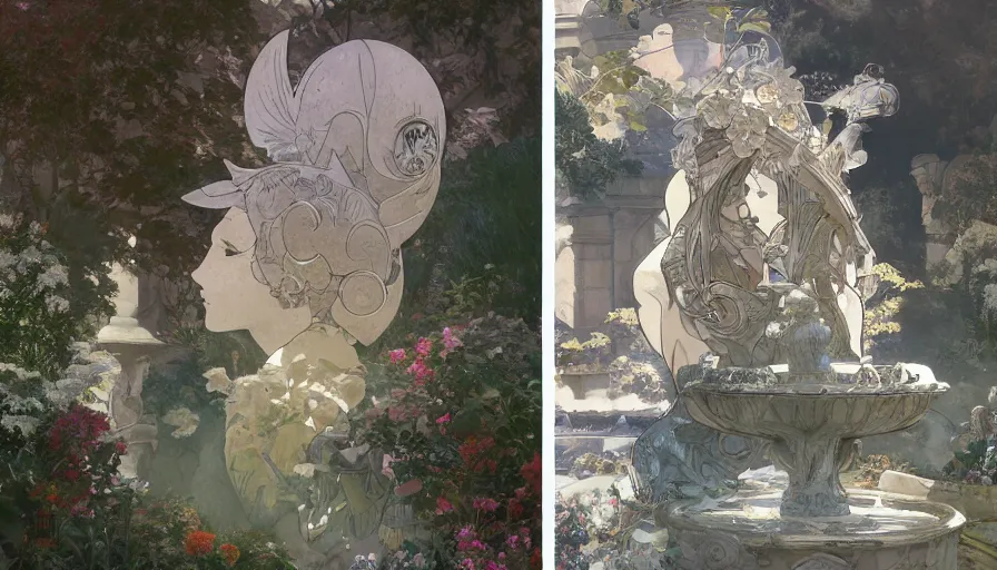 Image similar to craig mullins, studio ghibli, and alphonse mucha illustration of a relief sculpture of the sun on top of a fountain in a garden, flowers, unreal engine, hyper realism, realistic shading, cinematic composition, realistic render, octane render, detailed textures, photorealistic, wide shot