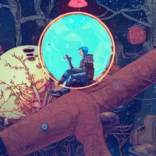 Image similar to Stunning 8k illustration of cyberpunk explorer holding his small circular robot friend in his hand, forest in background, highly detailed, by Victo Ngai and James Gilleard , Moebius, Laurie Greasley