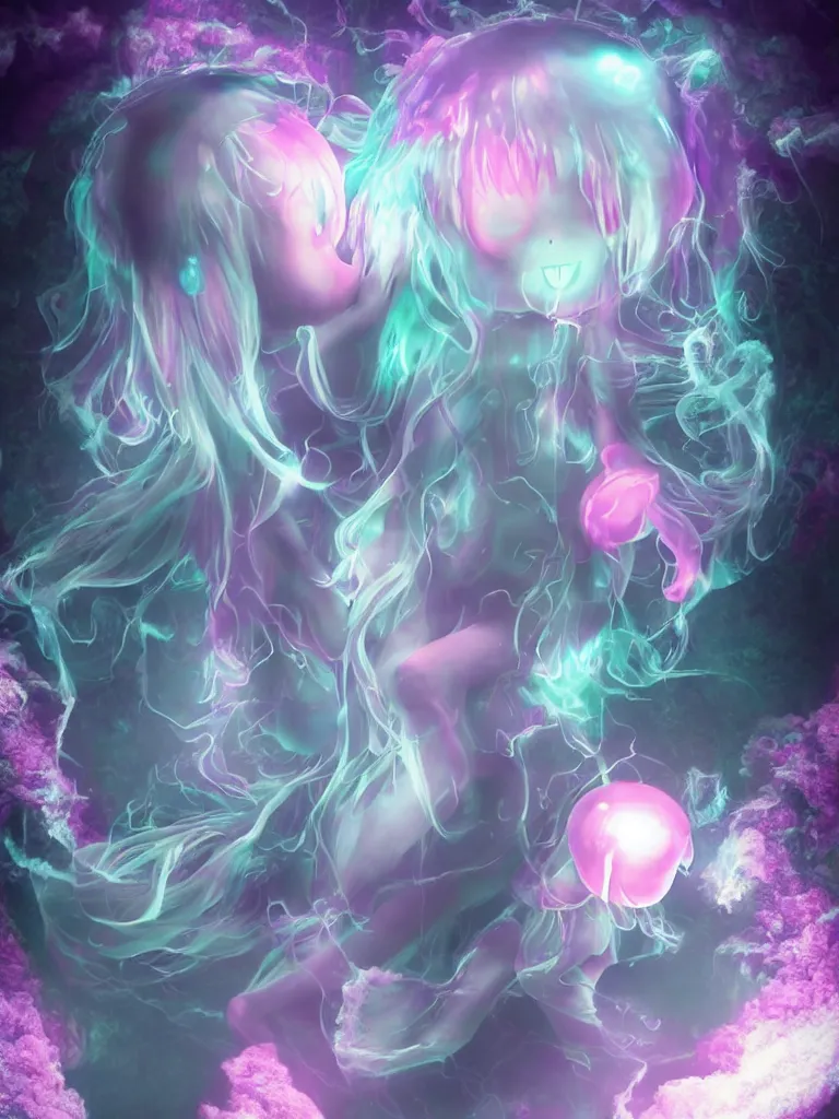 Prompt: cute fumo plush smiling ectoplasmic gothic jellyfish ghost girl dancing over mysterious waters, anime, reflective moonlit river in the midst of a forgotten forest, glowing pink wisps of hazy green smoke and eerie blue volumetric fog swirling, glowing lens flare, black and white, refraction, vray