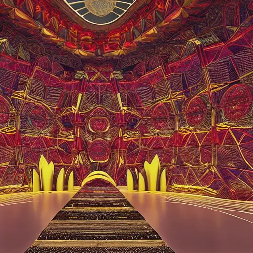 Prompt: futuristic lotus fractal mandala temple with gold, red and white marble panels, in the desert, by buckminster fuller and syd mead, intricate contemporary architecture, photo journalism, photography, cinematic, national geographic photoshoot