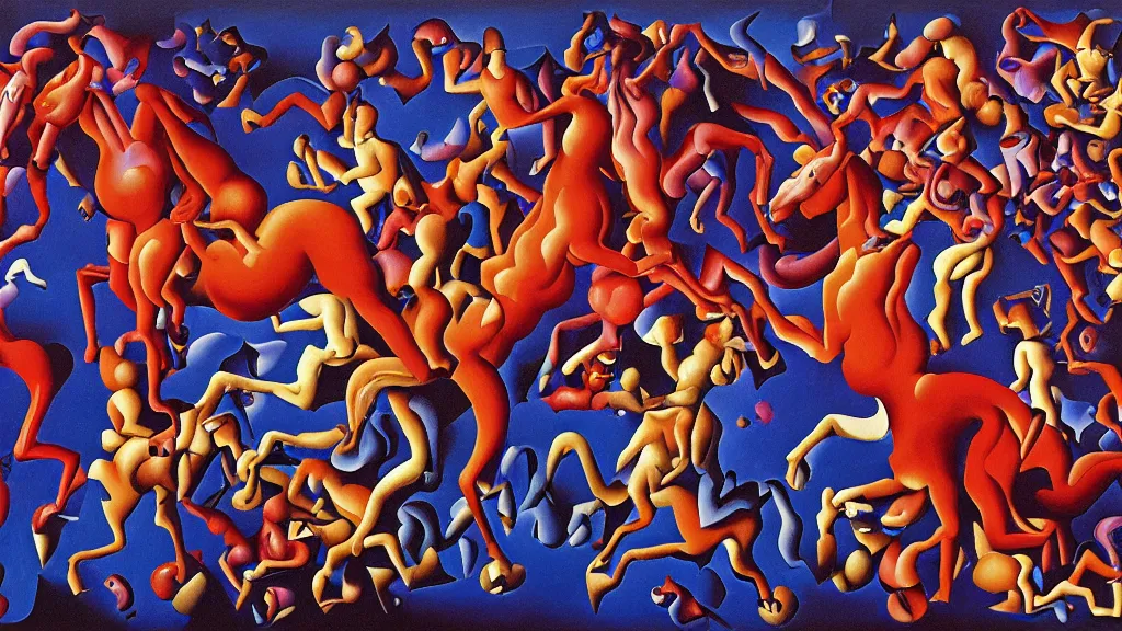 Prompt: red bodied devils and blue horses, purple monkeys | pain, pleasure, suffering, adventure, love, life, afterlife, souls in joy and agony | abstract oil painting, gouche on paper by MC Escher and Salvador Dali and raqib shaw |