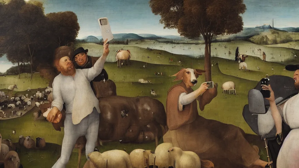 Image similar to A butcher and sheep taking a selfie smiling, in the fashion of Hieronymus Bosch, oil on canvas, painting, 4k, wide shot