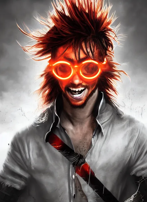 Image similar to An epic fantasy comic book style portrait painting of young man with red spiked long hair, using an orange lens googles. Wearing a black waistcoat, white shirt. He is with a vicious smile in face. Unreal 5, DAZ, hyperrealistic, octane render, cosplay, RPG portrait, dynamic lighting