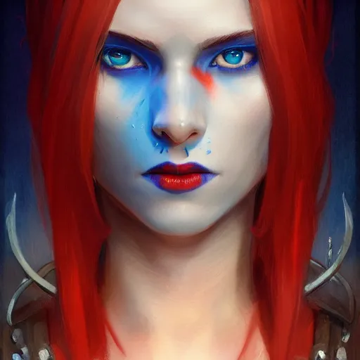 Prompt: A detailed matte oil on canvas head on symmetrical portrait of a beautiful elven woman with blue red eyes heterochomia and red and blue hair by greg rutkowski and Charlie bowater, trending on artstationhd, dungeons and dragons art critical role