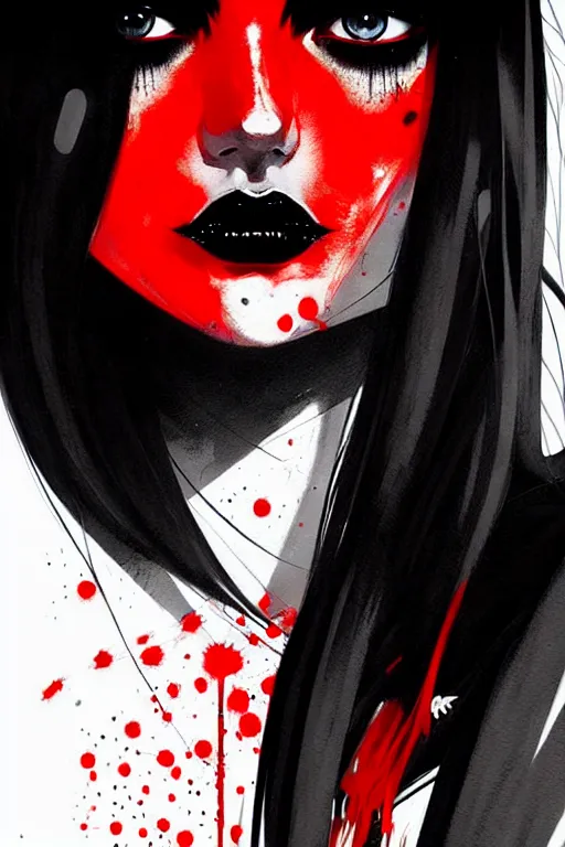 Image similar to a ultradetailed beautiful painting of a stylish goth girl, black eyes, red and black, by conrad roset, greg rutkowski and makoto shinkai trending on artstation