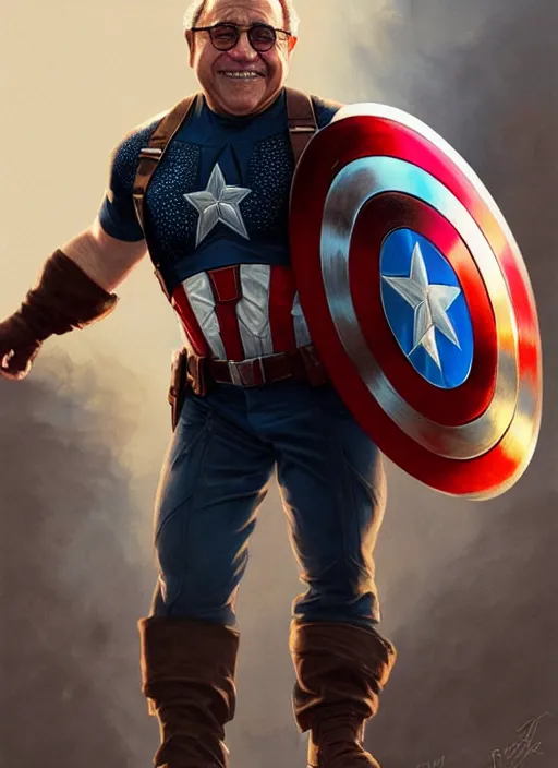 Image similar to Portrait of Danny Devito as Captain America, He is Holding his shield while posing, realistic, detailed, 4k by Greg Rutkowski Mark Arian trending on artstation