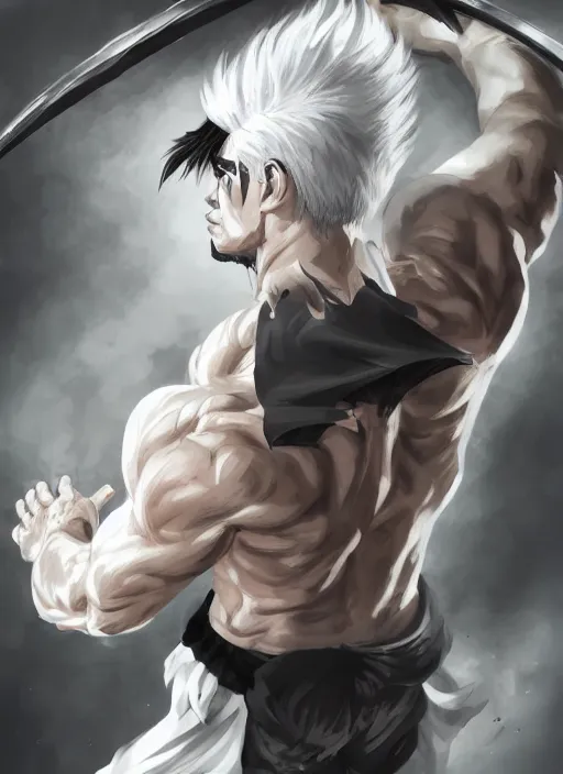 Image similar to a highly detailed illustration of fierce asian man with short white hair parted down middle, wearing white kimono with black shirt, with black sclera eyes, heroically battle posing, muscular, intricate, elegant, highly detailed, centered, digital painting, artstation, concept art, smooth, sharp focus, league of legends concept art, WLOP