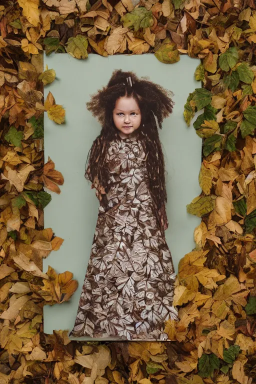 Prompt: a portrait of a girl wearing a dress made up of leaves