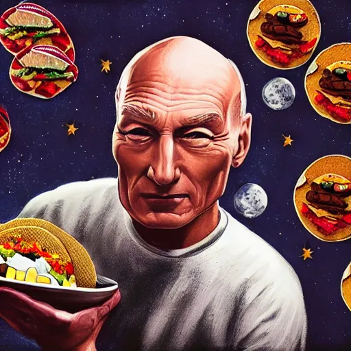 Image similar to picard on the moon eating tacos in a bathroom, ultra realistic, digital art, rich deep colors, smooth shadows, high resolution, cinematic