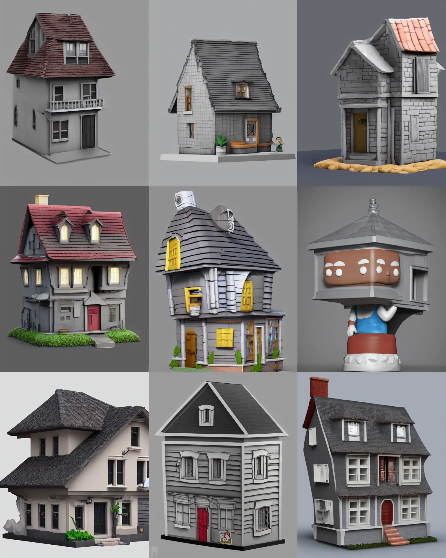 Prompt: full body 3d render of a house as a funko pop!, studio lighting, grey background, roof tile color, single body, no shadow, blender, trending on artstation, 8k, highly detailed