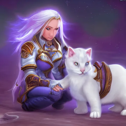 Image similar to jaina proudmoore pets a white kitty, world of warcraft, digital art, cute, happy, detailed