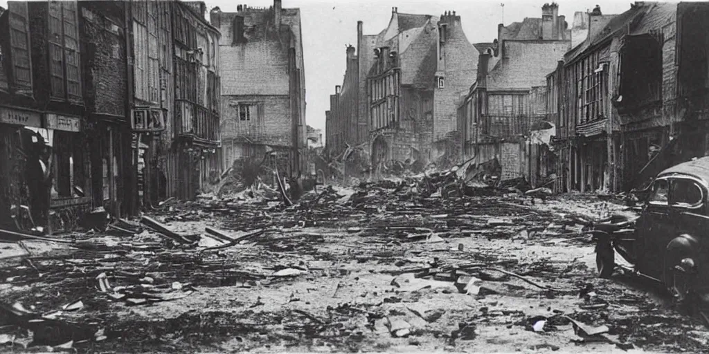 Prompt: a photo of a street of saint - malo en fire after a bombing at night in 1 9 4 5