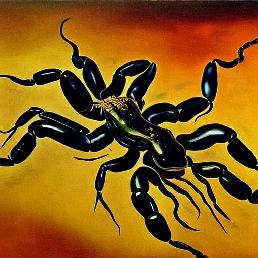 Image similar to hybrid of a scorpion and a jaguar. hyper realism painting by salvador dali and jackson pollock. 3 d depth and sense of scale