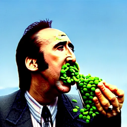 Image similar to nicolas cage drowning mouth full of peas, movie still, the wicker man