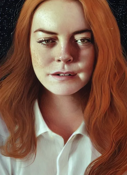 Image similar to portrait of teenage lindsay lohan, long haircut, flowing ginger hair, freckles, white shirt, red tie, smiling kindly, forest at background, 1 9 8 0 s, intricate, elegant, glowing lights, highly detailed, digital painting, artstation, concept art, smooth, sharp focus, illustration, art by wlop, mars ravelo and greg rutkowski