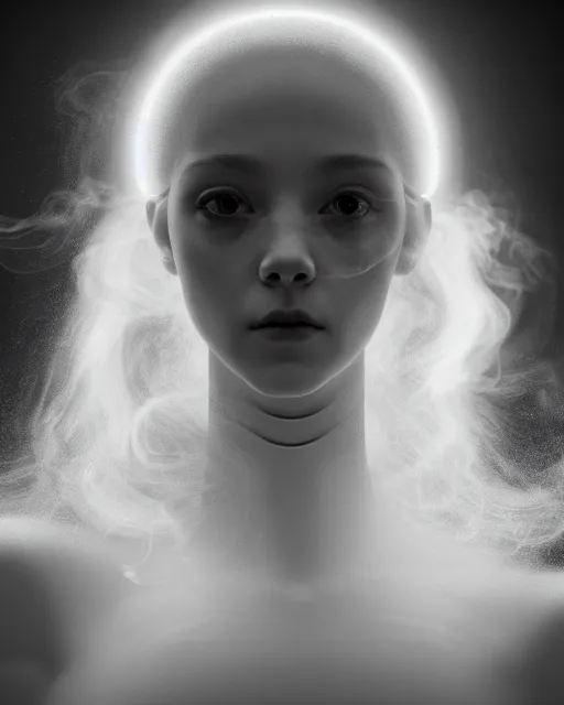 Image similar to delicate, dreamy, feminine, subsurface scattering, white, young beautiful robot - cyborg in cosmos long white hair floating in air, fluid smoke art, black and white, octane render, dino valls, mark ryden, joe fenton, michal karcz, highly detailed, rim light, art, cinematic lighting, very coherent, hyper realism, 8 k