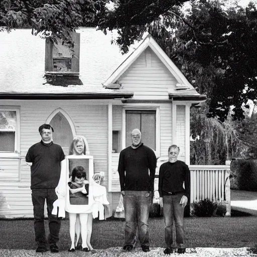 Image similar to family photograph in front of an old house, a ghostly face is visible in one of the windows