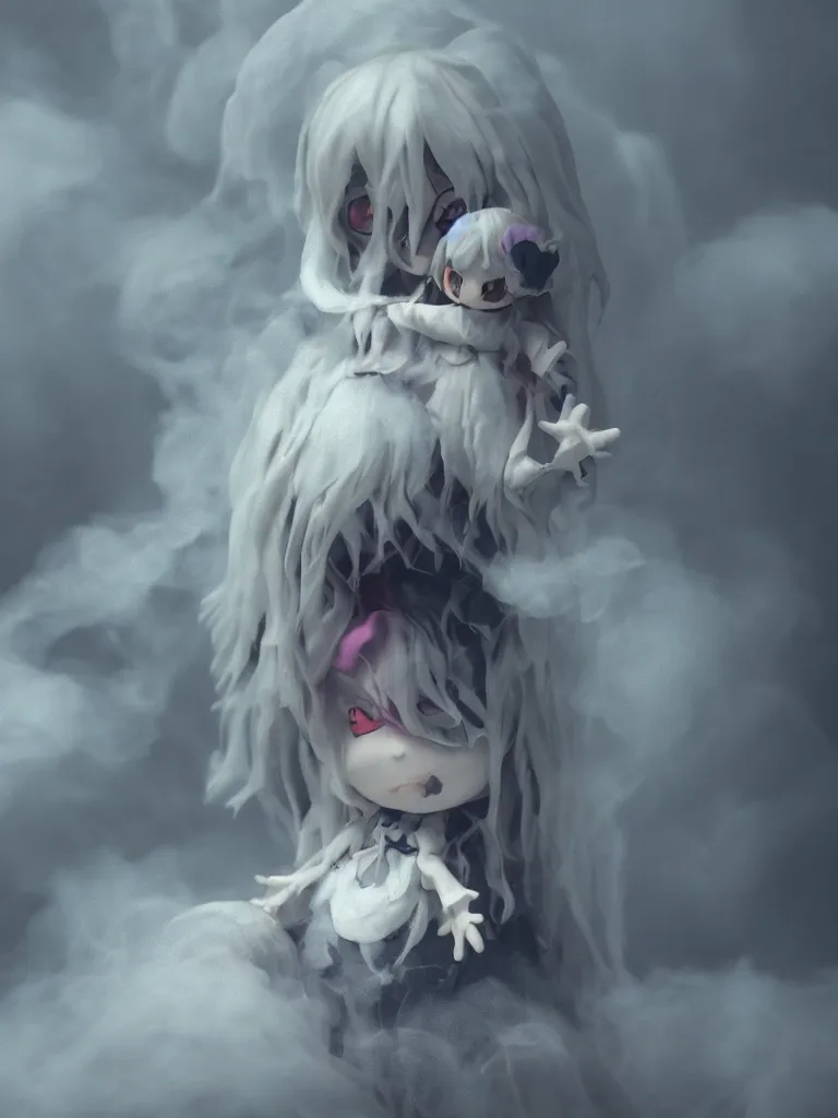 Image similar to cute fumo plush of a cursed frail witch girl held tight in the arms of a ghost, hugging, melting volumetric smoke and fog, environment map pbr reflective stormy water, goth, vignette, vray