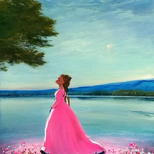 Prompt: a beautiful girl with a beautiful face wearing white dress, a dog, john martin landscape, lake evening, pink and blue colors